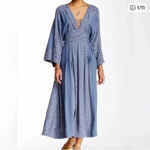 Free People 'Modern Kimono' Maxi Dress Sz 6 Blue Boho Festival Romantic Spring